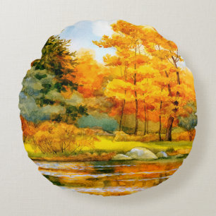 Farbenfrohe, lebendige, handgezeichnete Aquarellsk Rundes Kissen