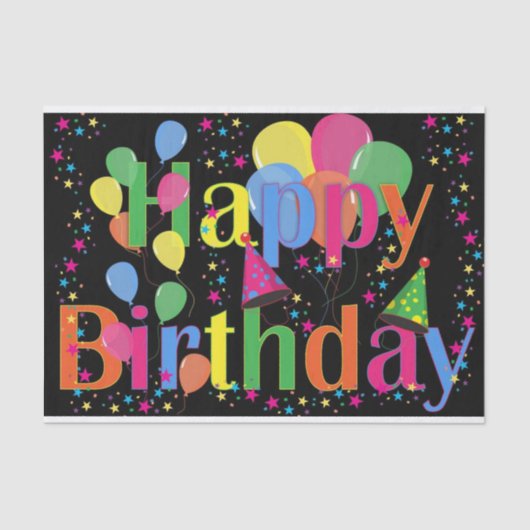 Farbenfrohe lebendige Happy Birthday Balloons Blac Seidenpapier (Vorderseite)