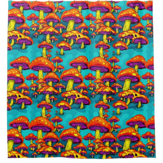 Farbenfrohe, lebendige Retro-Trippy-Pilze Duschvorhang (Vorderseite)