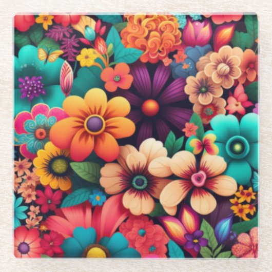 Farbenfrohe, lebendige Vintage Blume Glasuntersetzer (Vorderseite)