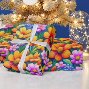 Farbenfrohe, lebhafte Blume und Vogelscheuche Geschenkpapier