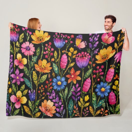 Farbenfrohe lebhafte Blumen auf schwarzem Hintergr Fleecedecke (Beispiel)