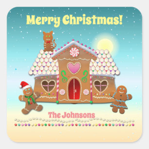 Farbenfrohe Lebkuchenunterkunft mit Katze auf dem  Quadratischer Aufkleber