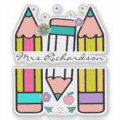 Farbenfrohe Lehrerin Name Bleistift-Cartoon Aufkleber (Vorderseite)