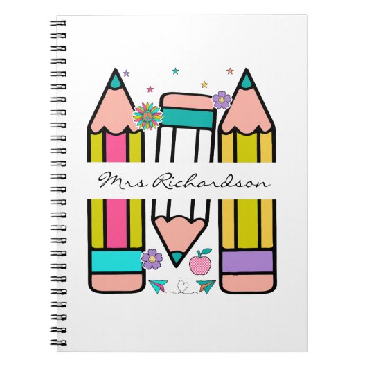 Farbenfrohe Lehrerin Name Bleistift-Cartoon Notizblock (Vorderseite)