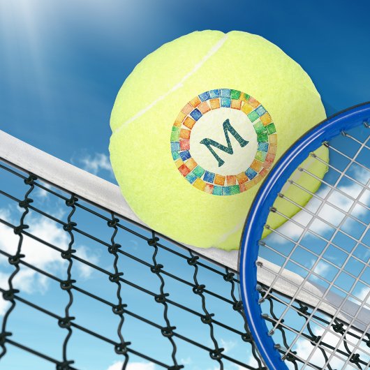 Farbenfrohe leuchtende Mosaikgrenze Mit Monogramm Tennisbälle