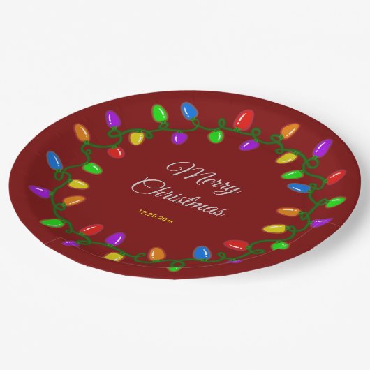 Farbenfrohe, leuchtende Weihnachtslichter Pappteller (Schrägansicht)