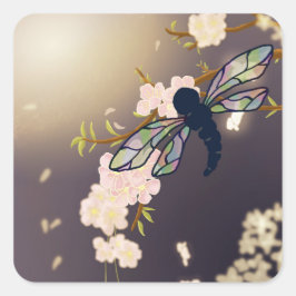 Farbenfrohe Libelle und Kirschblossommalerei Quadratischer Aufkleber