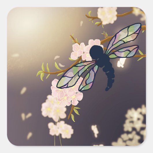 Farbenfrohe Libelle und Kirschblossommalerei Quadratischer Aufkleber (Vorderseite)