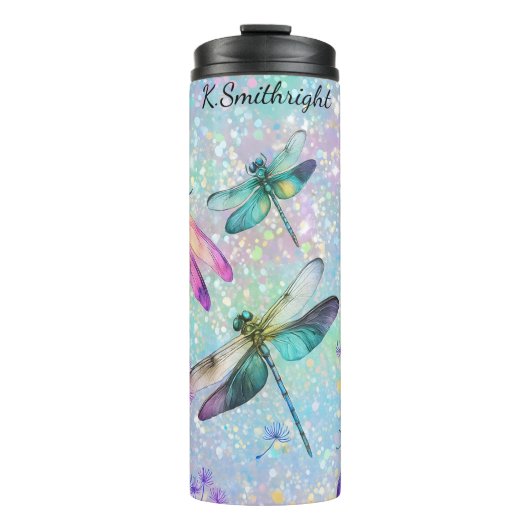 Farbenfrohe Libellen Glitzer Hintergrund Thermosbecher (Vorderseite)