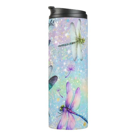 Farbenfrohe Libellen Glitzer Hintergrund Thermosbecher (Nach rechts gedreht)