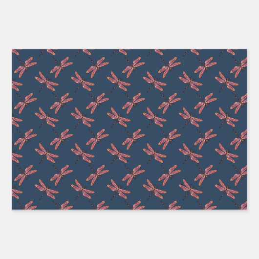 Farbenfrohe Libellenmuster auf dunklem Hintergrund Geschenkpapier Set (Vorderseite)