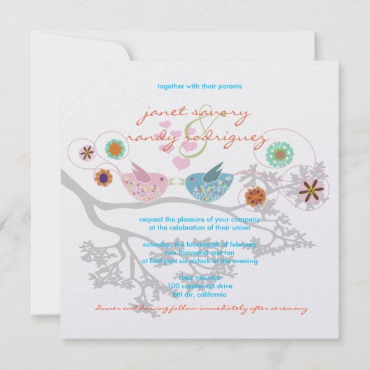 Farbenfrohe liebende Vögel schwimmende Herzen Einladung (Rückseite)