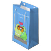 Farbenfrohe Liebesvögel Valentinin Kleine Geschenktüte (Vorderseite Schrägansicht)