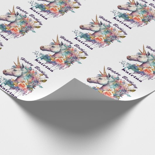 Farbenfrohe Lila Magie Florenz Einhorn Wasserfarbe Geschenkpapier (Ecke)