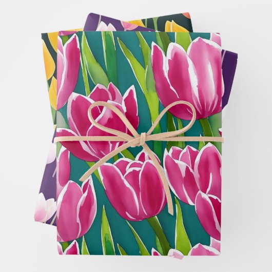 Farbenfrohe Lila Rot-Gelb-Wasserfarbe Tulip Geschenkpapier Set (Beispiel)
