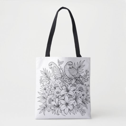 Farbenfrohe Lila und Papageien mit farbigen Blume Tasche (Vorderseite)