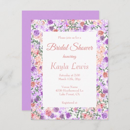 Farbenfrohe Lilac & Peach Brautparty Einladung (Vorne/Hinten)