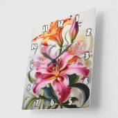 Farbenfrohe Lilienblüten im weißen Hintergrund Quadratische Wanduhr (Winkel)