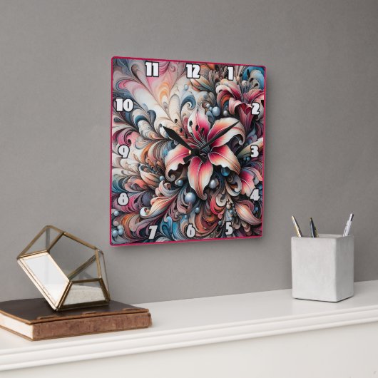 Farbenfrohe Lilienmuster mit Fraktal Design Quadratische Wanduhr (Büro)