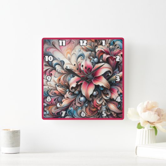 Farbenfrohe Lilienmuster mit Fraktal Design Quadratische Wanduhr (Zuhause)