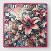 Farbenfrohe Lilienmuster mit Fraktal Design Quadratische Wanduhr (Vorderseite)