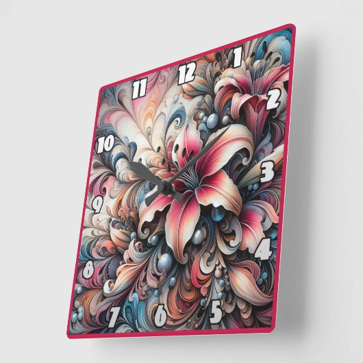 Farbenfrohe Lilienmuster mit Fraktal Design Quadratische Wanduhr (Winkel)