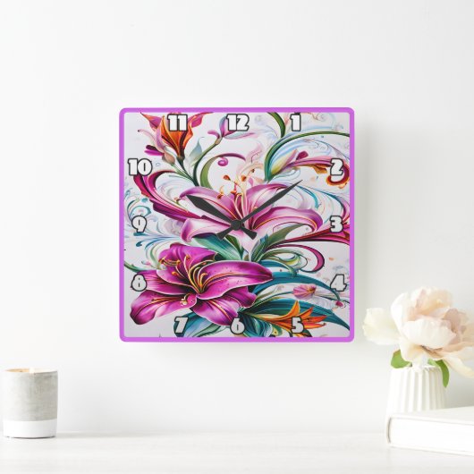Farbenfrohe Lily-Blume im lebhaften Blumendesign Quadratische Wanduhr (Zuhause)