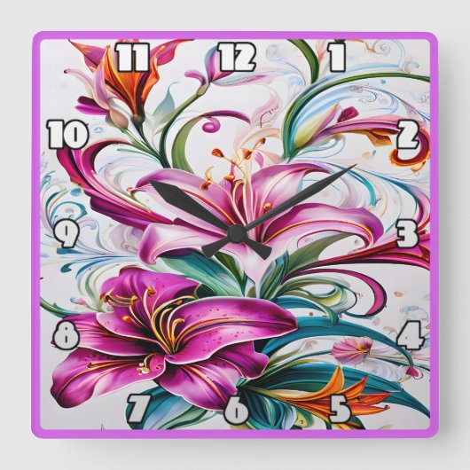 Farbenfrohe Lily-Blume im lebhaften Blumendesign Quadratische Wanduhr (Vorderseite)