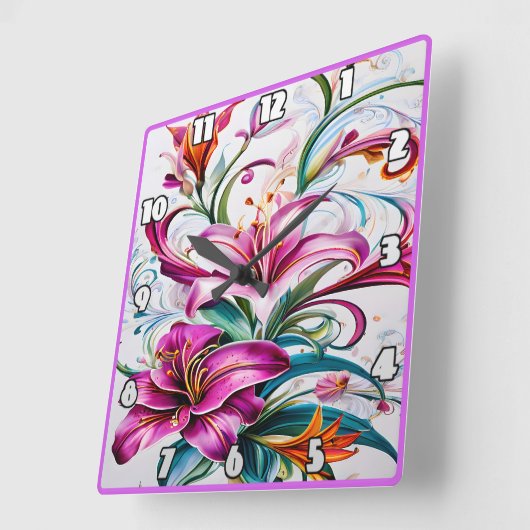 Farbenfrohe Lily-Blume im lebhaften Blumendesign Quadratische Wanduhr (Winkel)