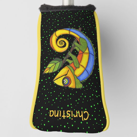 Farbenfrohe Lizard auf den grünen Punkten der Zwei Golf Headcover (Rotieren 90)