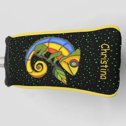 Farbenfrohe Lizard auf den grünen Punkten der Zwei Golf Headcover (Vorderseite)