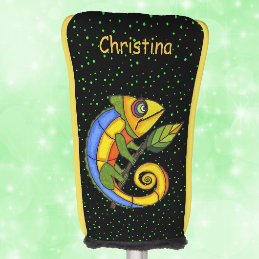 Farbenfrohe Lizard auf den grünen Punkten der Zwei Golf Headcover