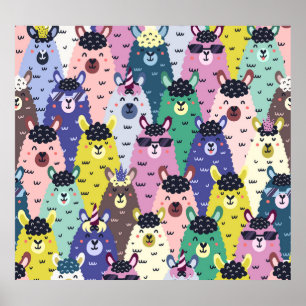 Farbenfrohe Llamas Childish Seamless Hintergrund Poster