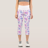 Farbenfrohe Lotus Blume Muster Pink Pastellgrün Capri Leggings (Vorderseite)