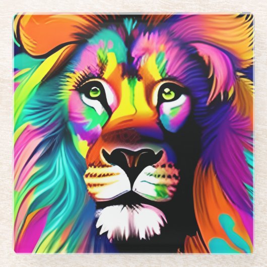 Farbenfrohe Löwe Digitale Kunst Glasuntersetzer (Vorderseite)