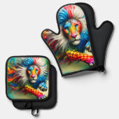 farbenfrohe Löwe Ofenhandschuh & Topflappen-Set (Vorderseite/Rückseite)