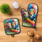 farbenfrohe Löwe Ofenhandschuh & Topflappen-Set (Oben Unten)