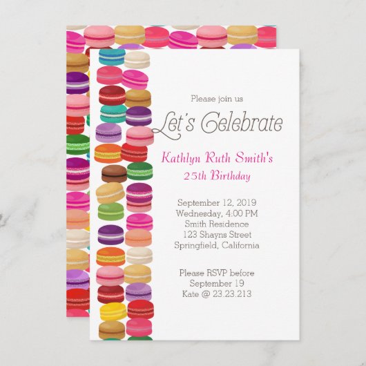 Farbenfrohe Macaron Geburtstag Einladung (Vorne/Hinten)