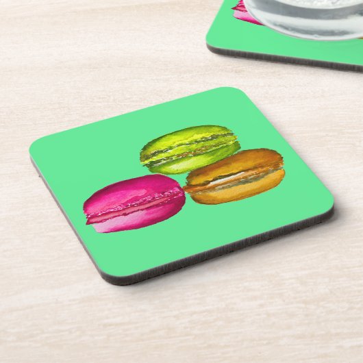 Farbenfrohe Macarons Aquarellkunst funky Getränkeuntersetzer (Linke Seite)