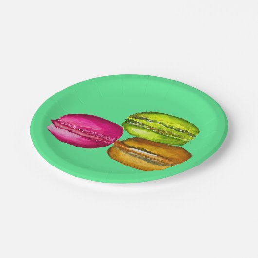 Farbenfrohe Macarons Aquarellkunst funky Pappteller (Schrägansicht)