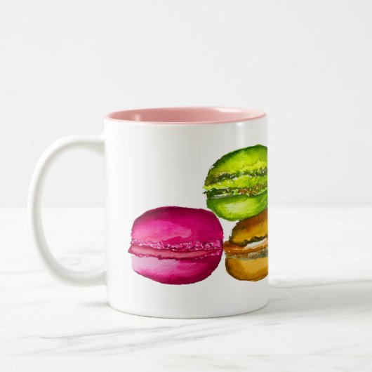 Farbenfrohe Macarons Aquarellkunst funky Zweifarbige Tasse (Links)