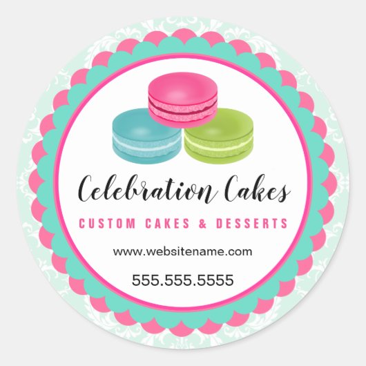 Farbenfrohe Macarons Scalloped Banner Bäckerei Runder Aufkleber (Vorderseite)