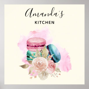 Farbenfrohe Macarons und Blume Aquarell Küche Poster