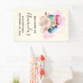 Farbenfrohe Macarons und Blume Wasserfarbe Geburts Banner (Insitu)