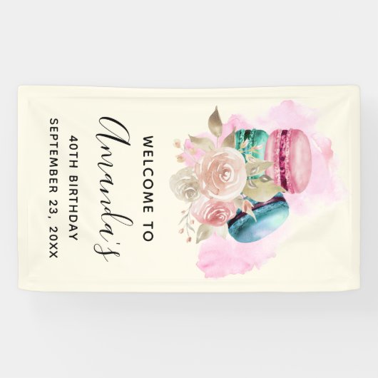 Farbenfrohe Macarons und Blume Wasserfarbe Geburts Banner (Horizontal)