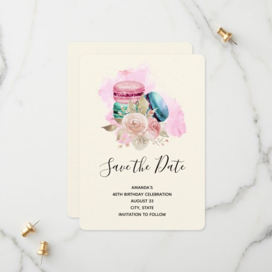 Farbenfrohe Macarons und Blume Wasserfarbe Geburts Save The Date (Vorderseite/Rückseite Beispiel)