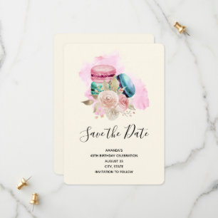 Farbenfrohe Macarons und Blume Wasserfarbe Geburts Save The Date