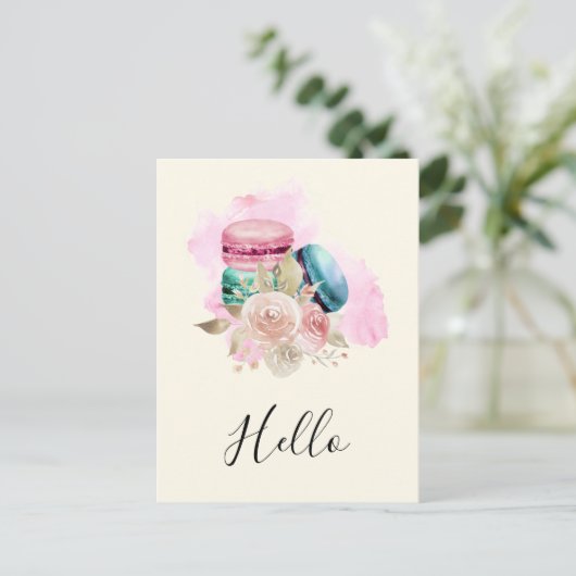Farbenfrohe Macarons und Blume Wasserfarbe Hallo Postkarte (Stehend Vorderseite)