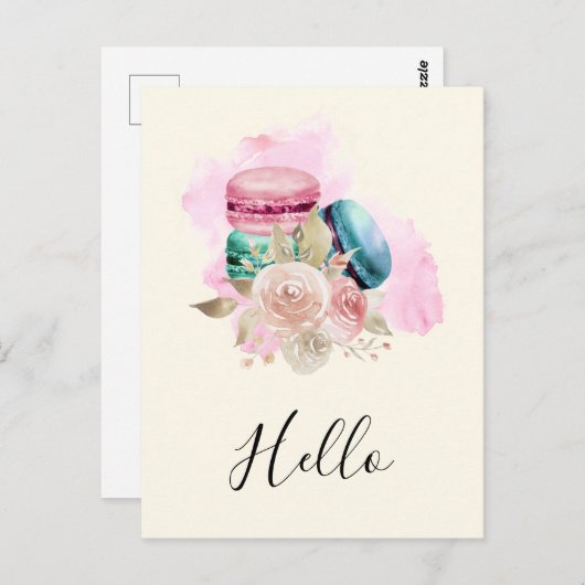 Farbenfrohe Macarons und Blume Wasserfarbe Hallo Postkarte (Vorne/Hinten)